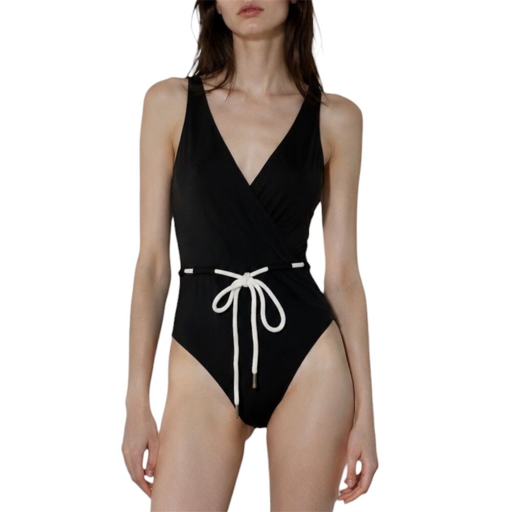 Robin Piccone Emma Black White One Piece Swimsuit Rope Tie Waist Size 6